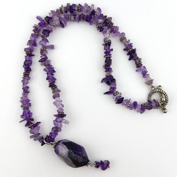 Natural Chip Bead Amethyst Silvertone Necklace with Chunky Stone Drop 15.5" VTG - Picture 3 of 8